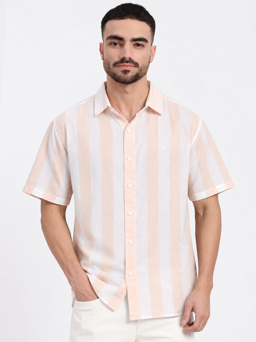 Men’s Vertical Striped White Regular Fit Short Sleeves Casual Shirt