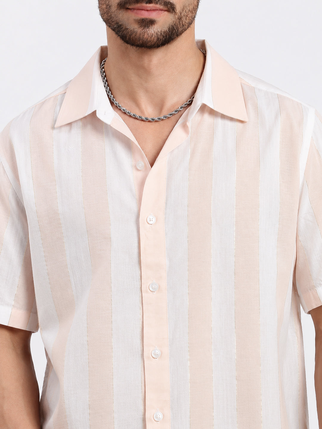 Men’s Vertical Striped White Regular Fit Short Sleeves Casual Shirt