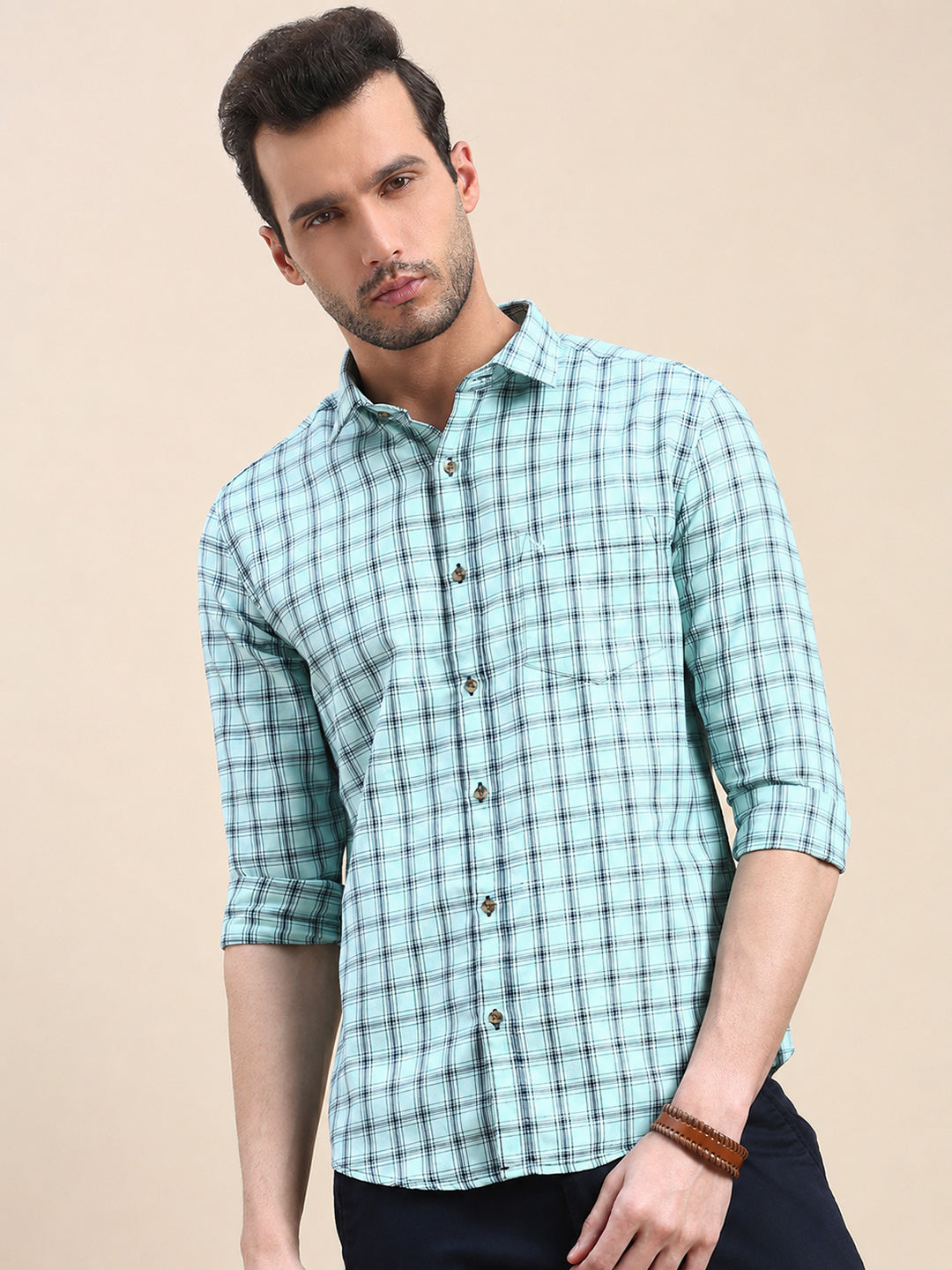 Men’s Checked Green Slim Fit Long Sleeves Shirt with Spread Collar