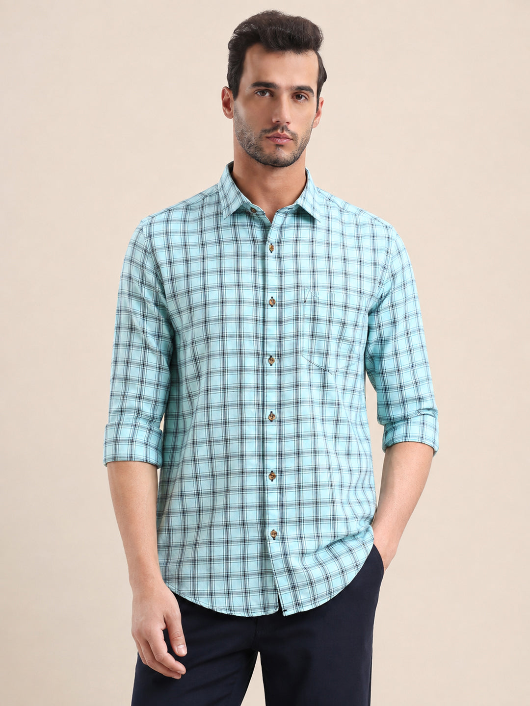 Men’s Checked Green Slim Fit Long Sleeves Shirt with Spread Collar
