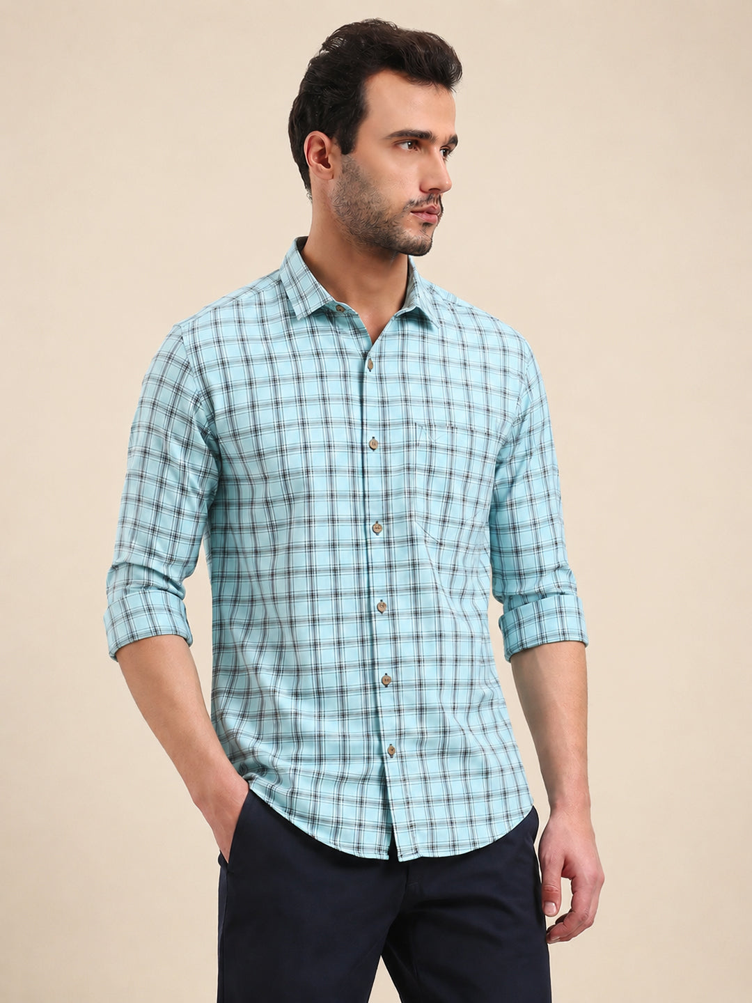 Men’s Checked Green Slim Fit Long Sleeves Shirt with Spread Collar