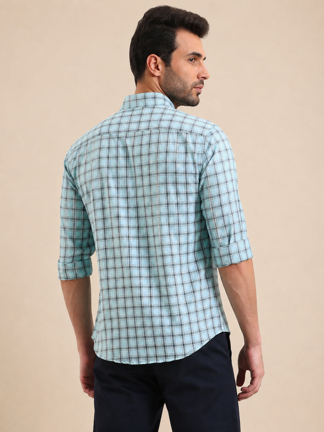 Men’s Checked Green Slim Fit Long Sleeves Shirt with Spread Collar