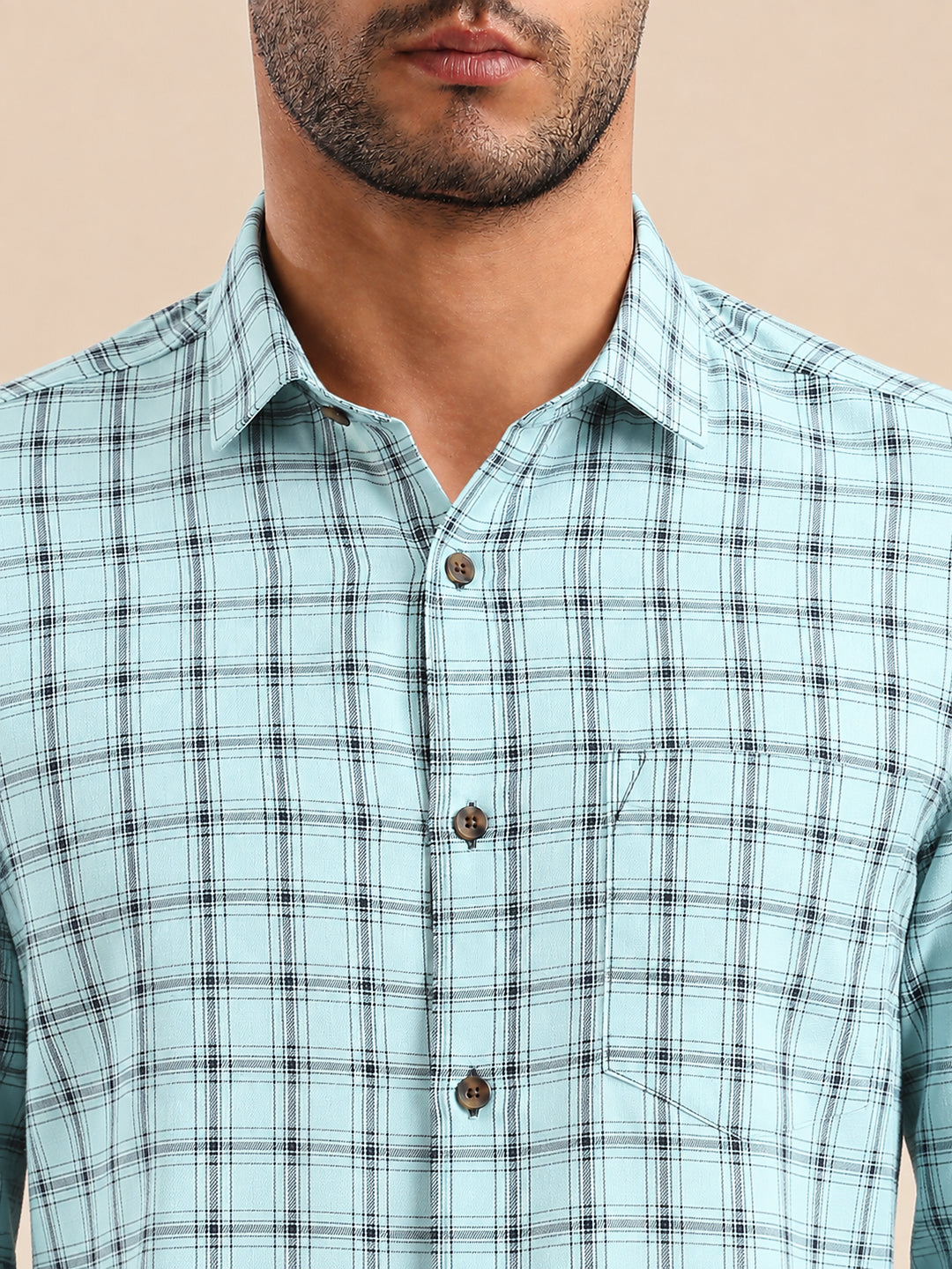 Men’s Checked Green Slim Fit Long Sleeves Shirt with Spread Collar