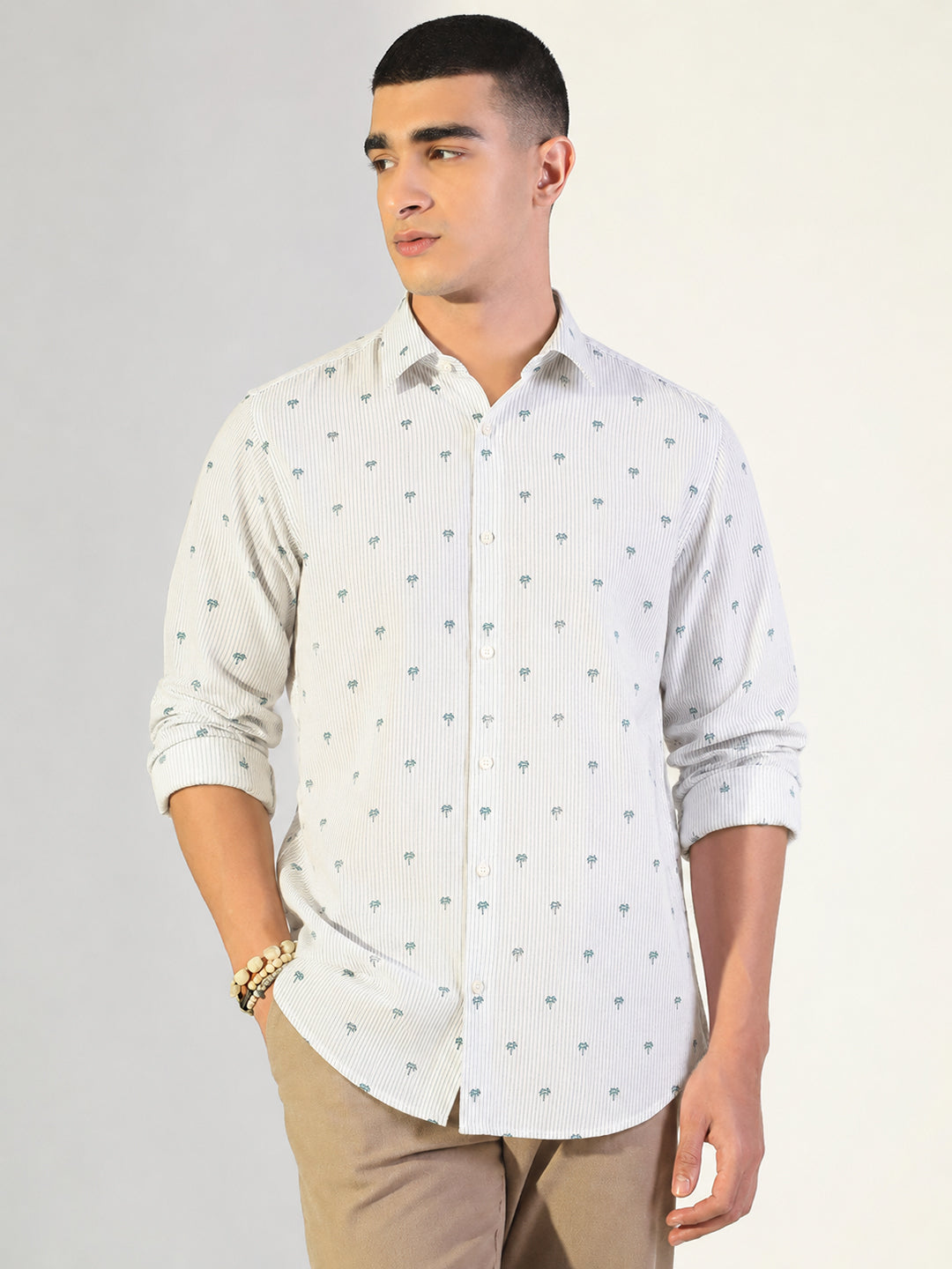 Men’s Graphic Printed Off-White Slim Fit Long Sleeve Casual Shirt