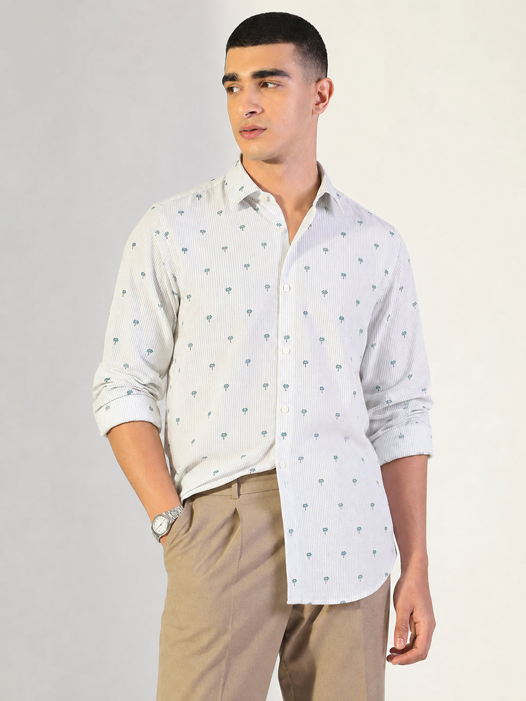 Men’s Graphic Printed Off-White Slim Fit Long Sleeve Casual Shirt
