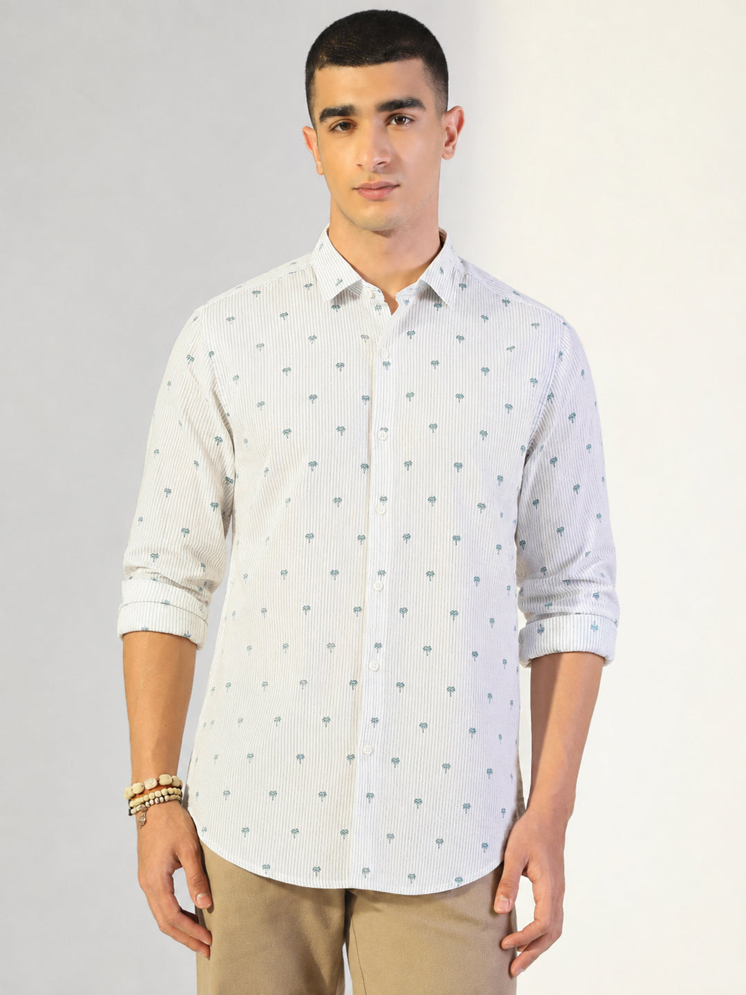 Men’s Graphic Printed Off-White Slim Fit Long Sleeve Casual Shirt