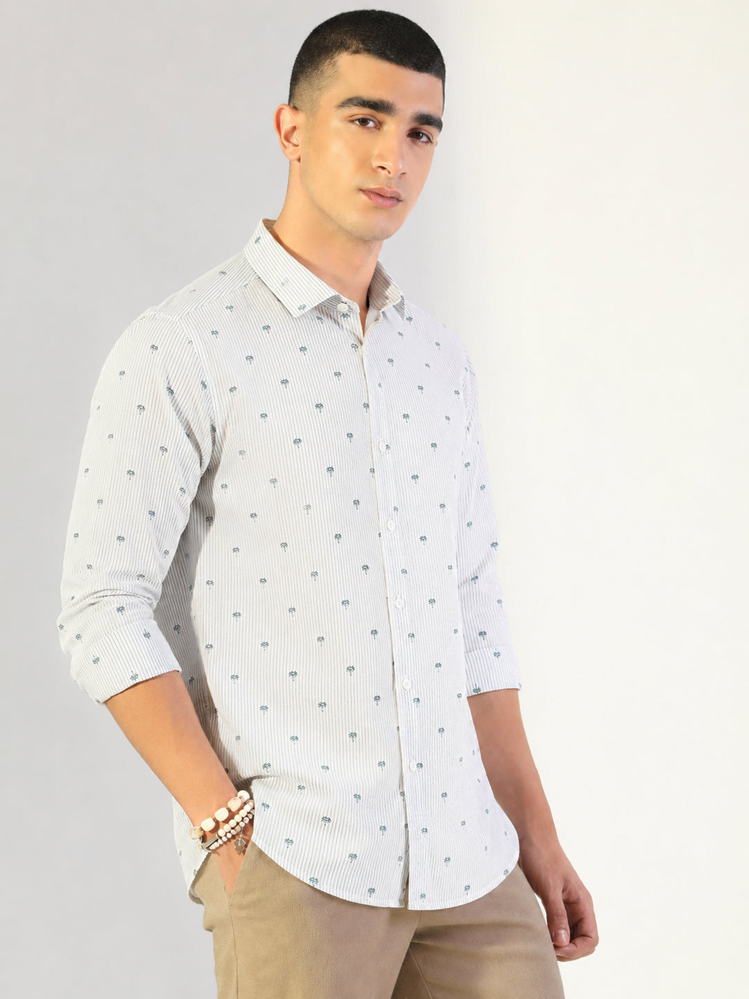 Men’s Graphic Printed Off-White Slim Fit Long Sleeve Casual Shirt
