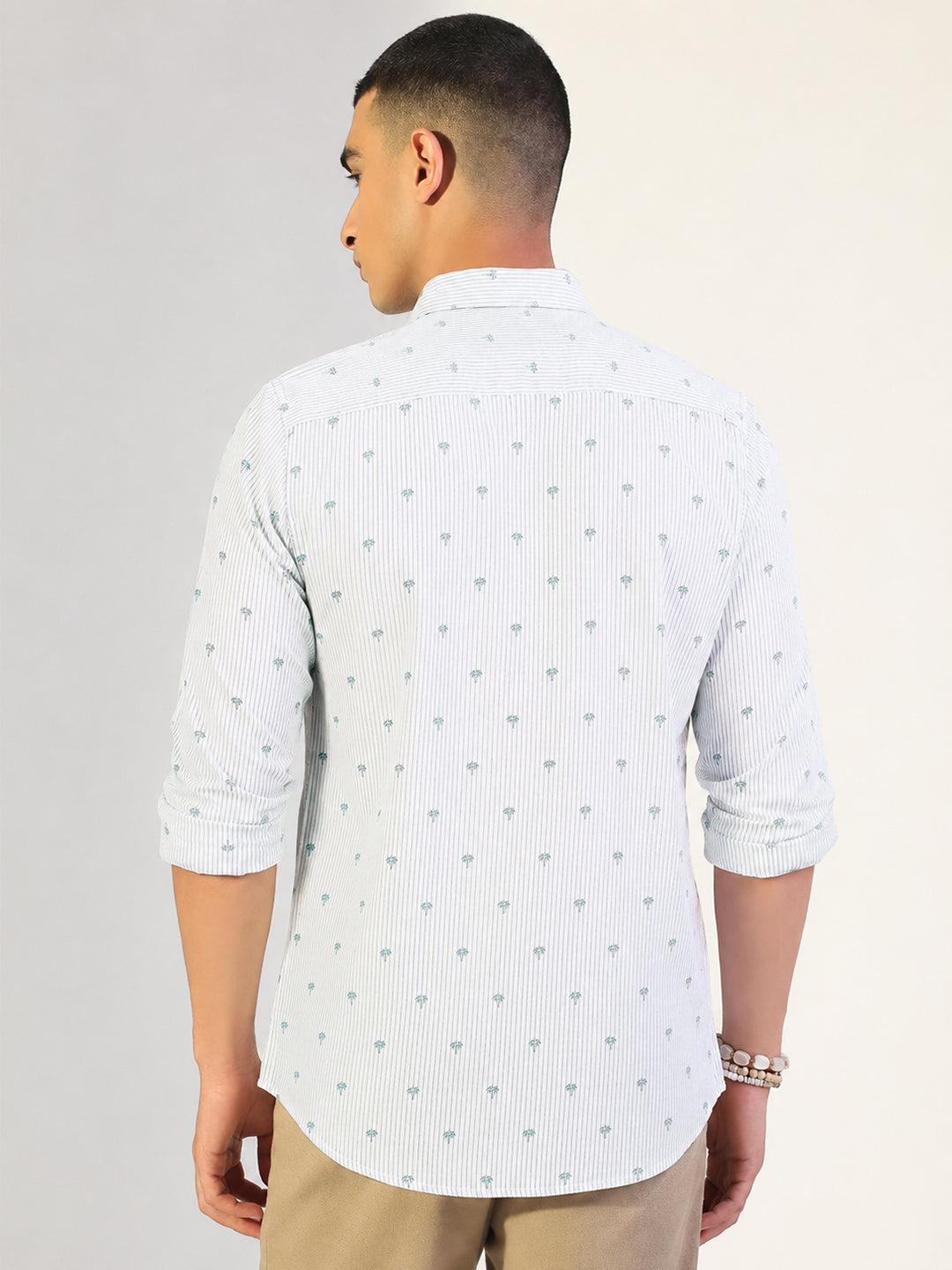 Men’s Graphic Printed Off-White Slim Fit Long Sleeve Casual Shirt