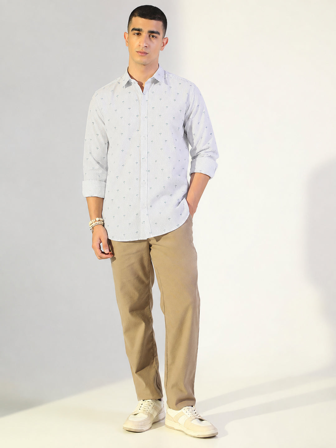 Men’s Graphic Printed Off-White Slim Fit Long Sleeve Casual Shirt