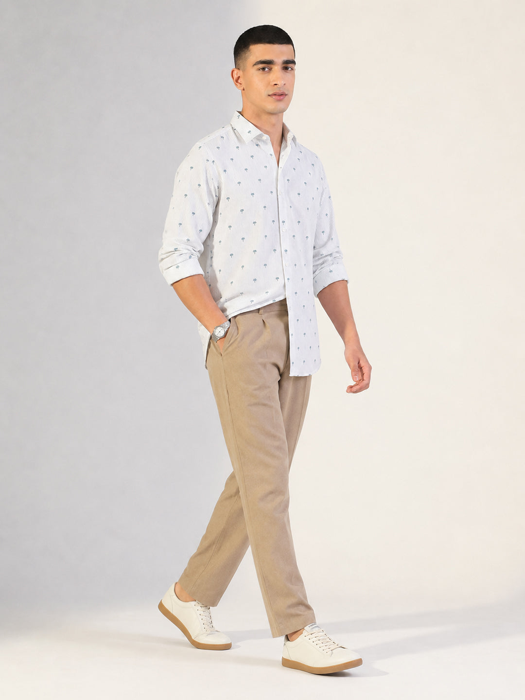 Men’s Graphic Printed Off-White Slim Fit Long Sleeve Casual Shirt