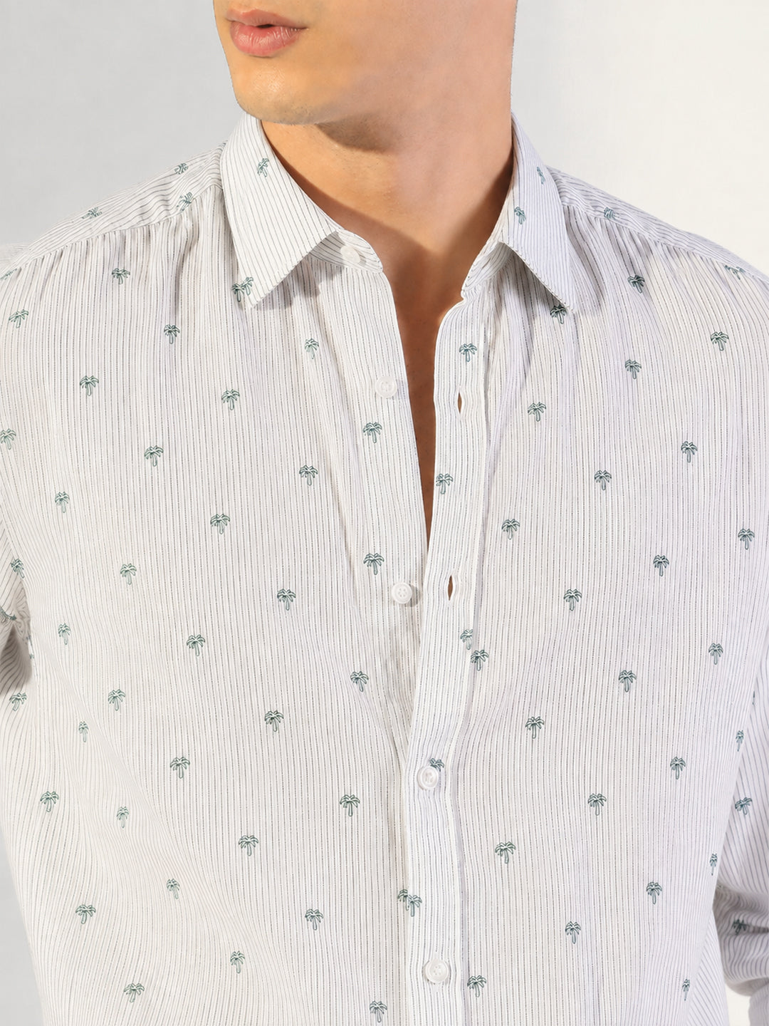 Men’s Graphic Printed Off-White Slim Fit Long Sleeve Casual Shirt