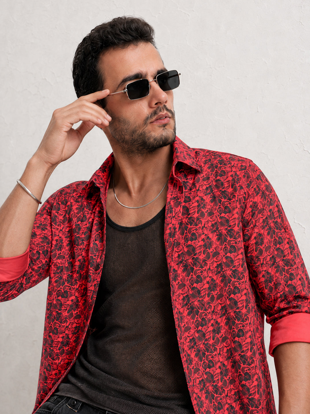 Men’s Tropical Printed Pink Slim Fit Long Sleeve Casual Shirt