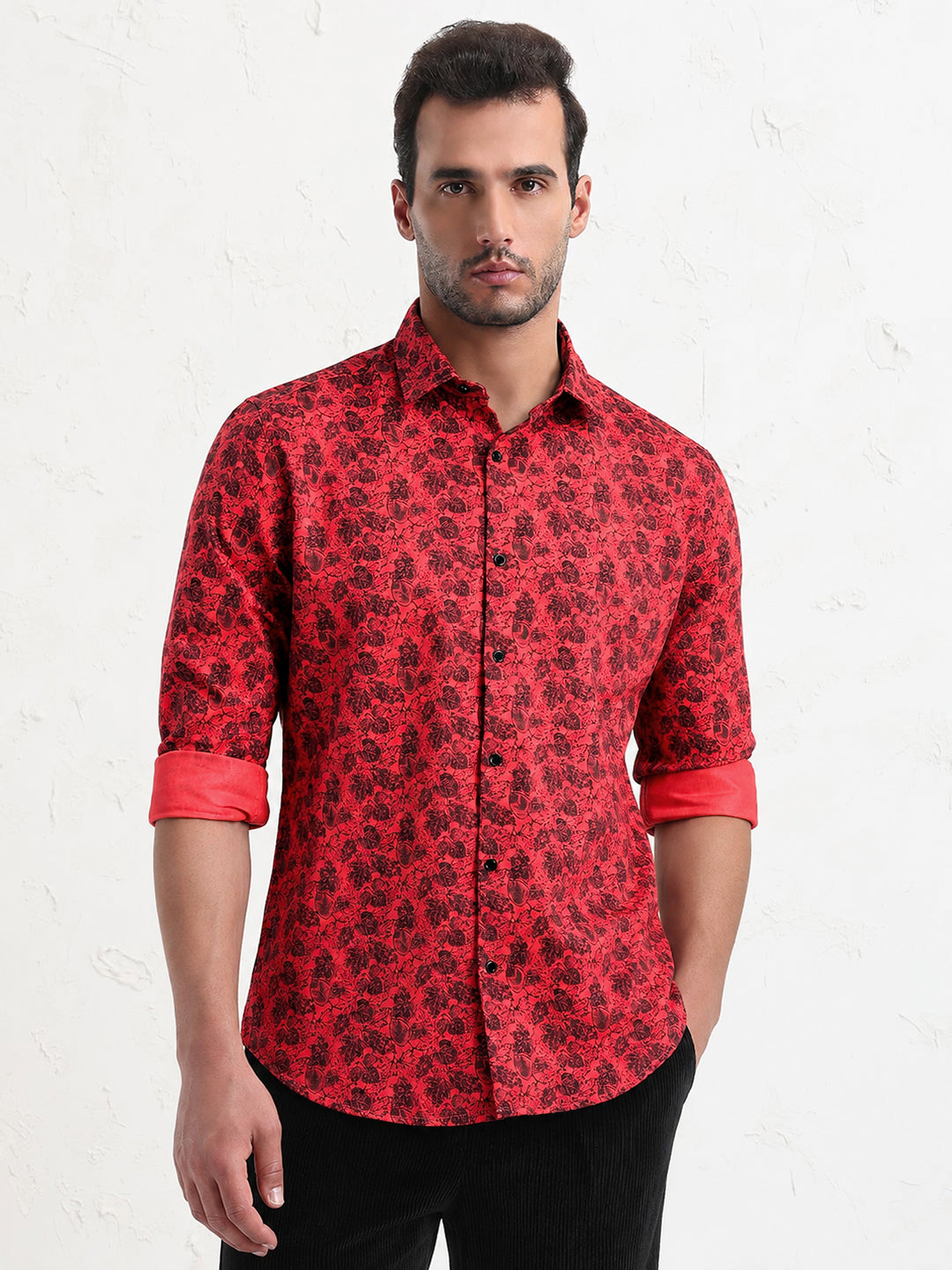 Men’s Tropical Printed Pink Slim Fit Long Sleeve Casual Shirt