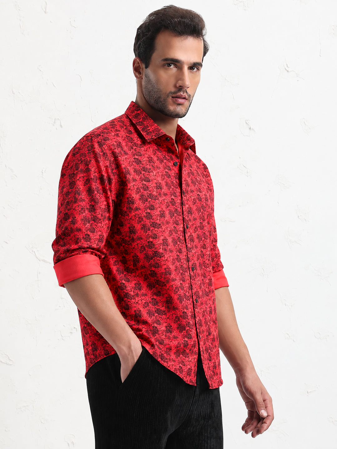 Men’s Tropical Printed Pink Slim Fit Long Sleeve Casual Shirt