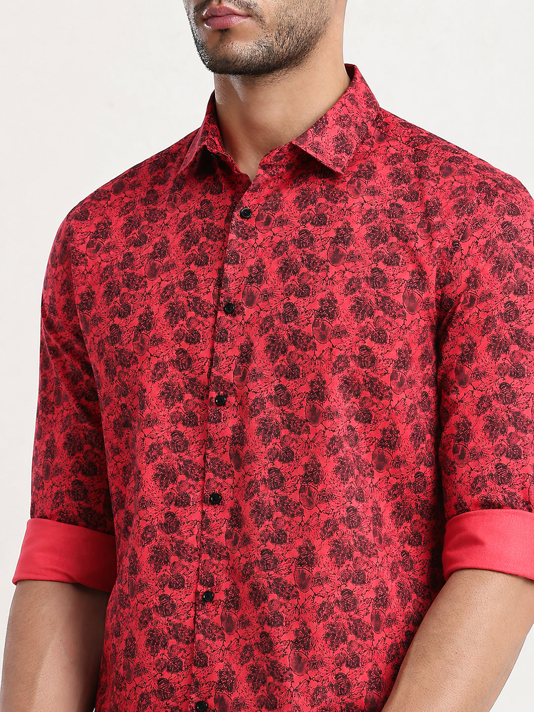 Men’s Tropical Printed Pink Slim Fit Long Sleeve Casual Shirt