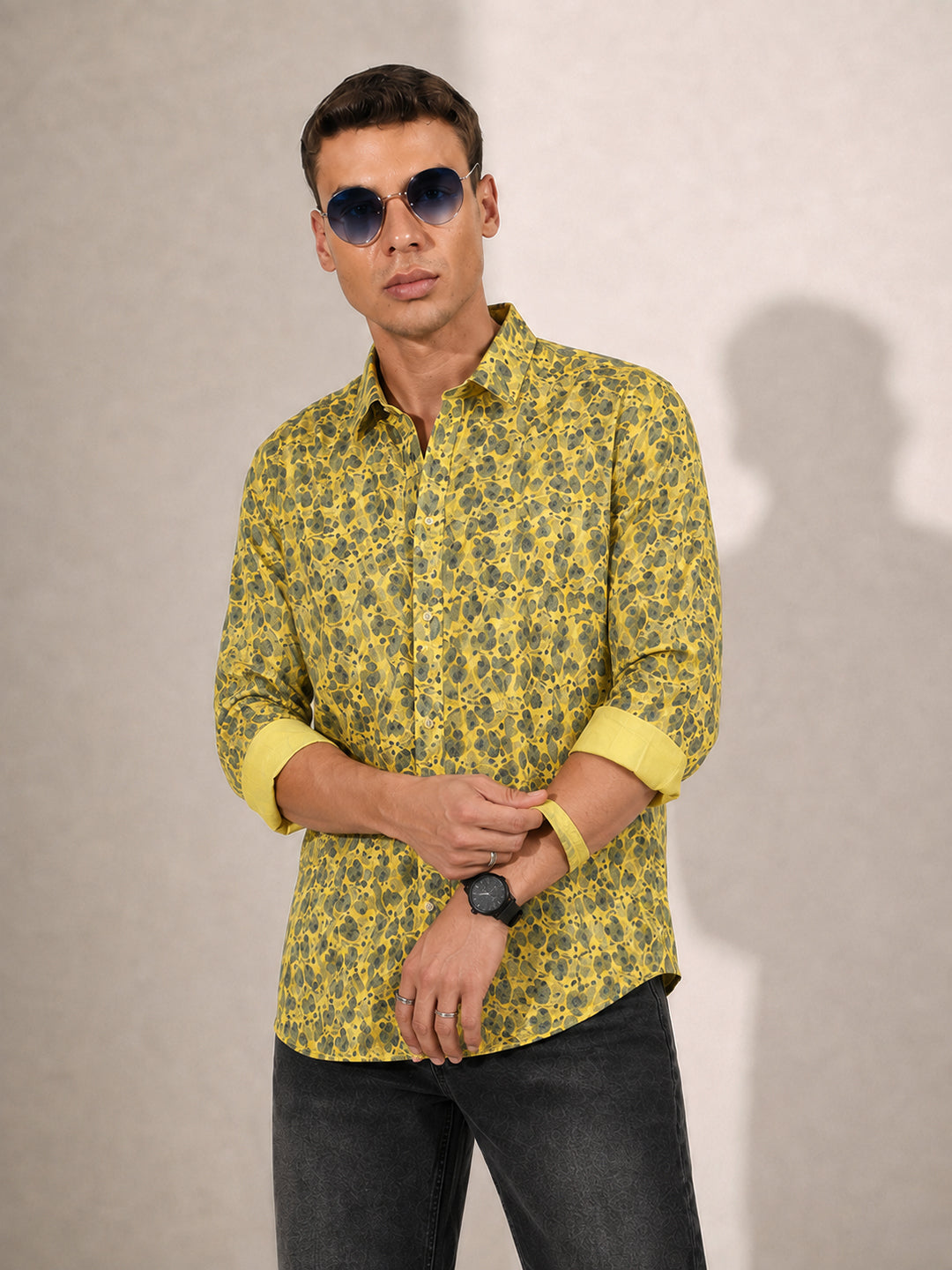 Men’s Floral Printed Yellow Slim Fit Long Sleeve Casual Shirt