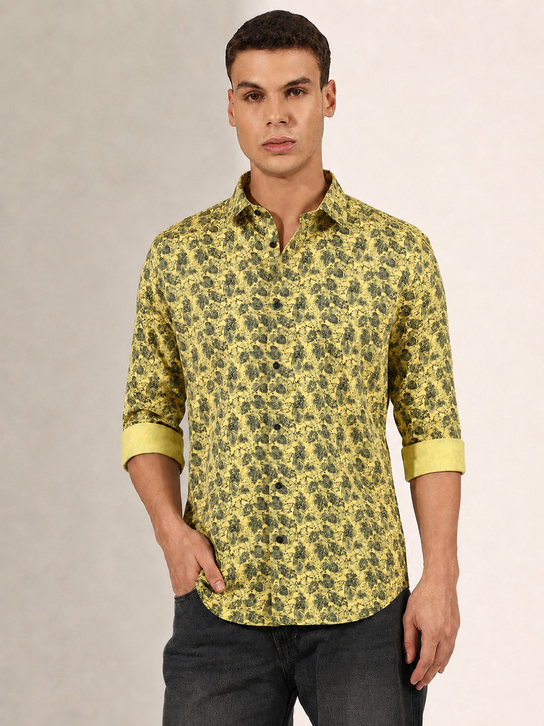 Men’s Floral Printed Yellow Slim Fit Long Sleeve Casual Shirt