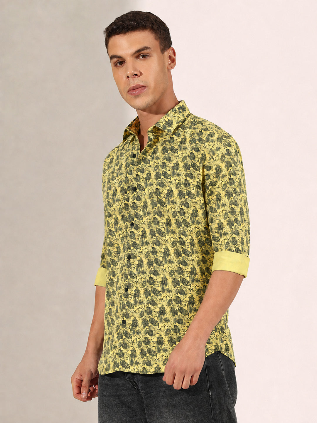 Men’s Floral Printed Yellow Slim Fit Long Sleeve Casual Shirt