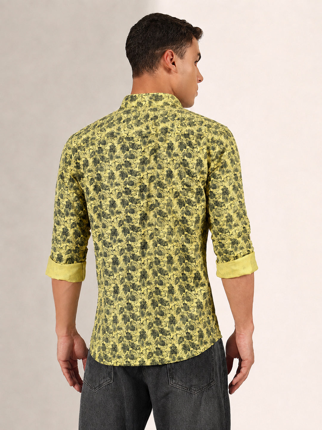 Men’s Floral Printed Yellow Slim Fit Long Sleeve Casual Shirt
