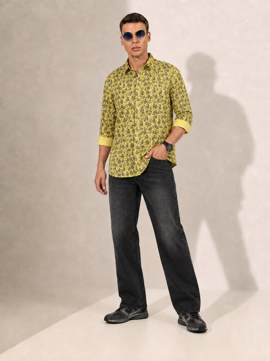 Men’s Floral Printed Yellow Slim Fit Long Sleeve Casual Shirt