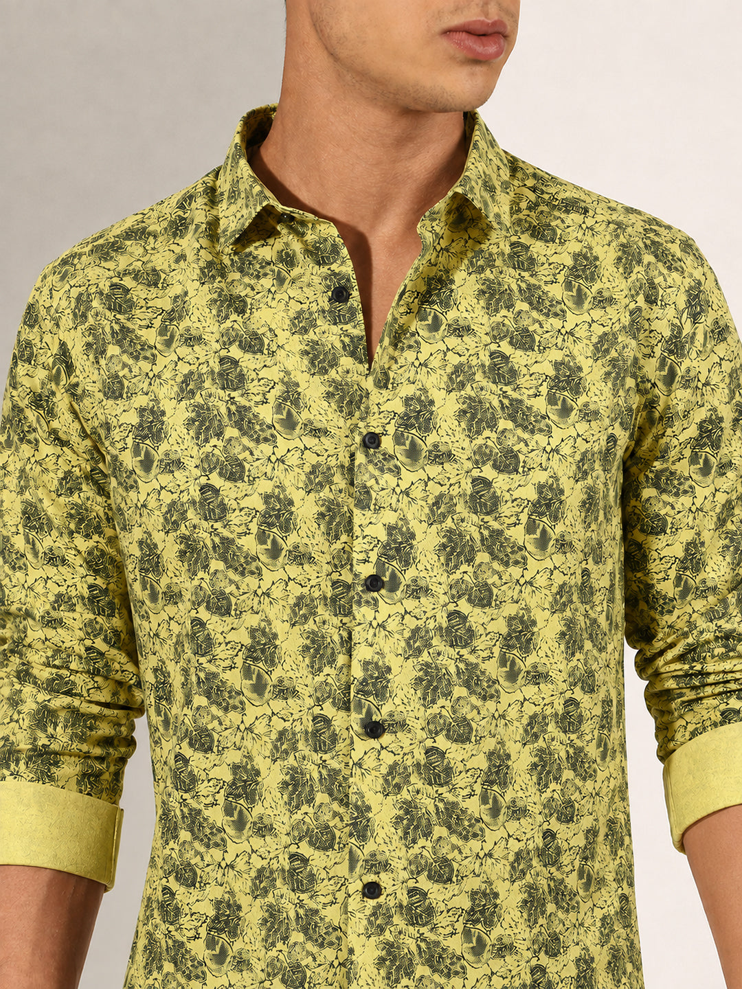 Men’s Floral Printed Yellow Slim Fit Long Sleeve Casual Shirt