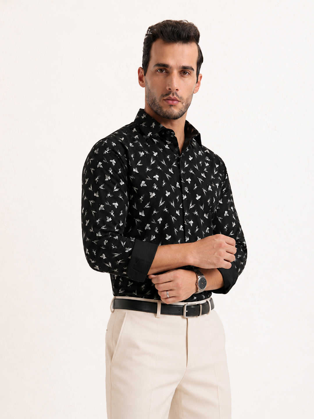 Men’s Floral Print Black Slim Fit Long Sleeves Shirt