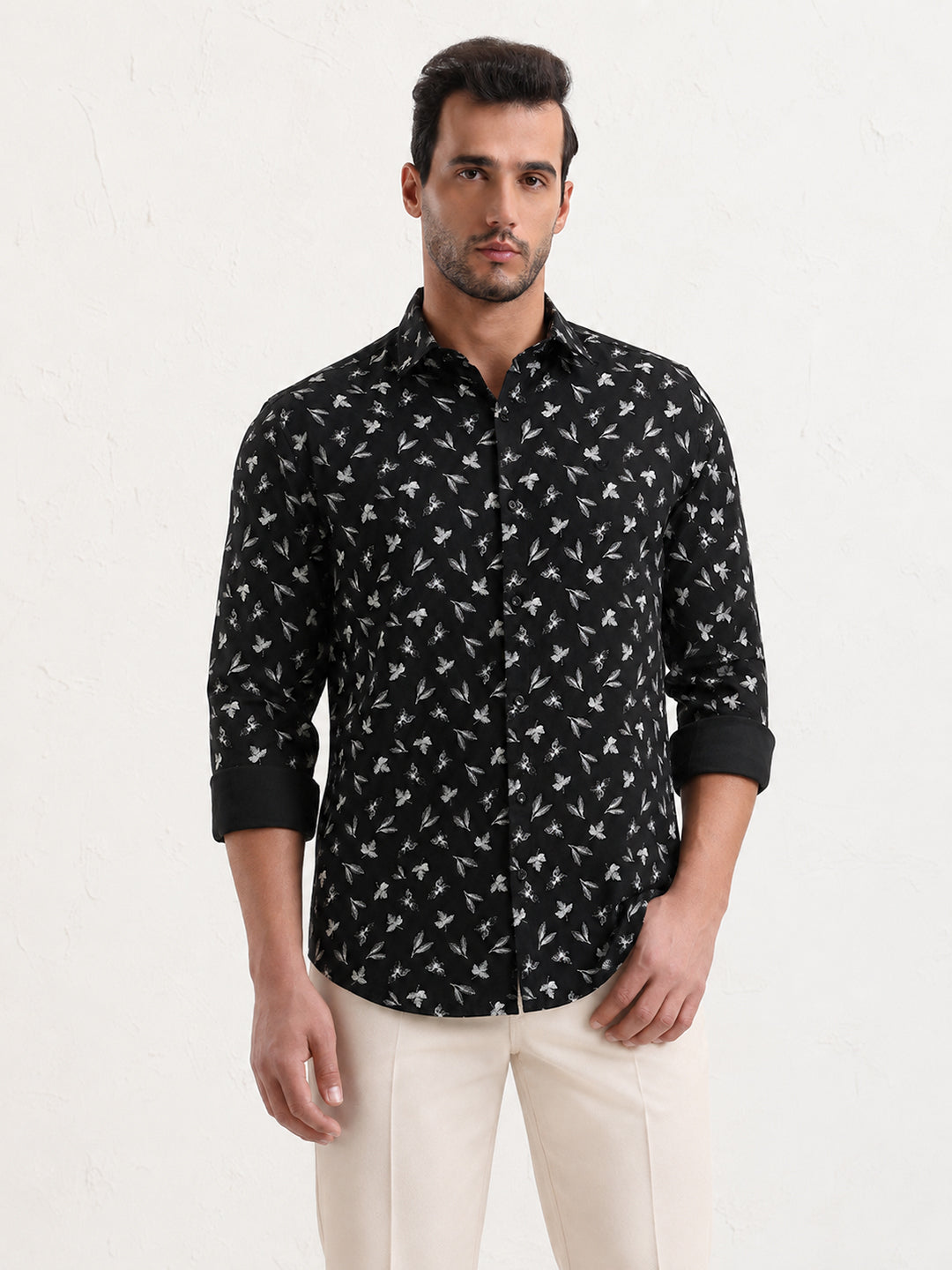 Men’s Floral Print Black Slim Fit Long Sleeves Shirt