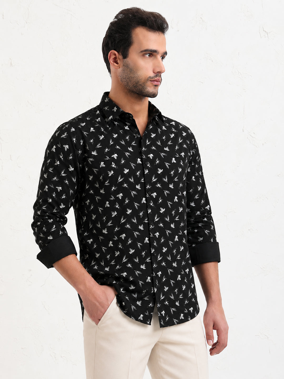 Men’s Floral Print Black Slim Fit Long Sleeves Shirt
