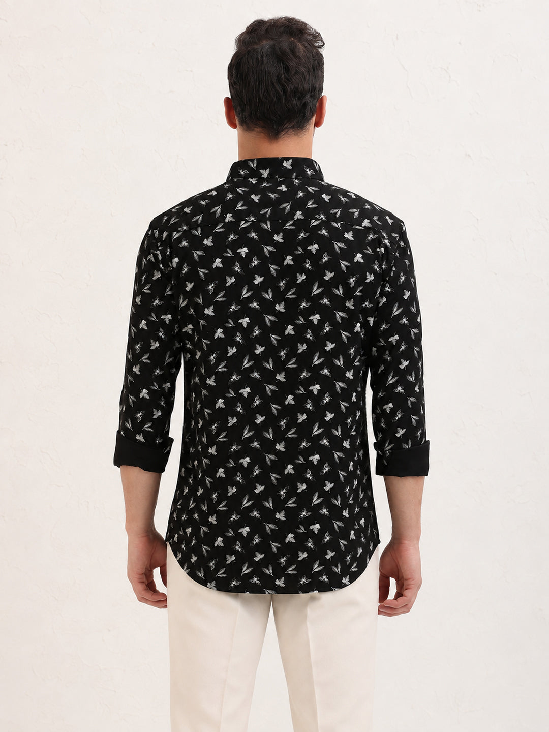 Men’s Floral Print Black Slim Fit Long Sleeves Shirt