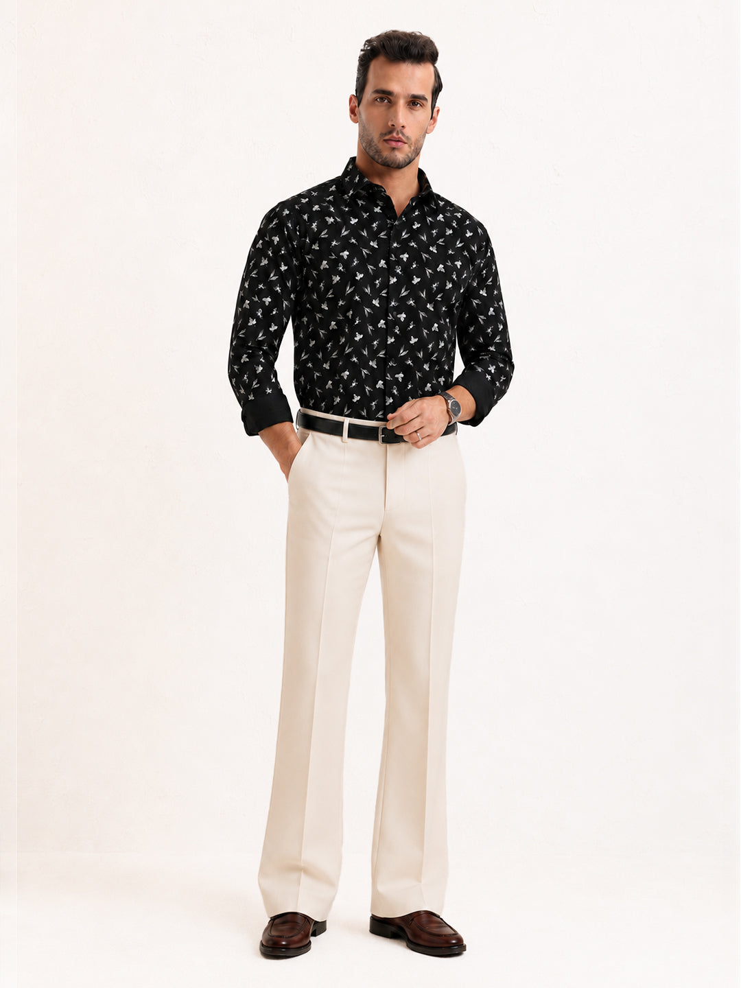 Men’s Floral Print Black Slim Fit Long Sleeves Shirt