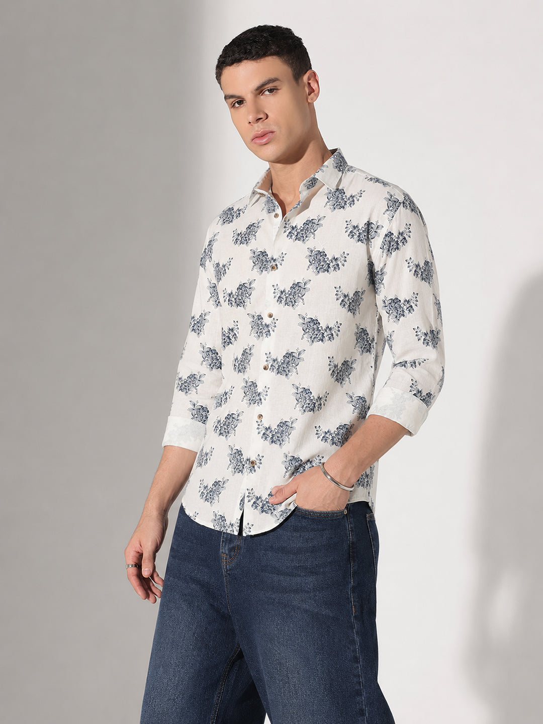 Men’s Floral Print White Slim Fit Long Sleeves Shirt