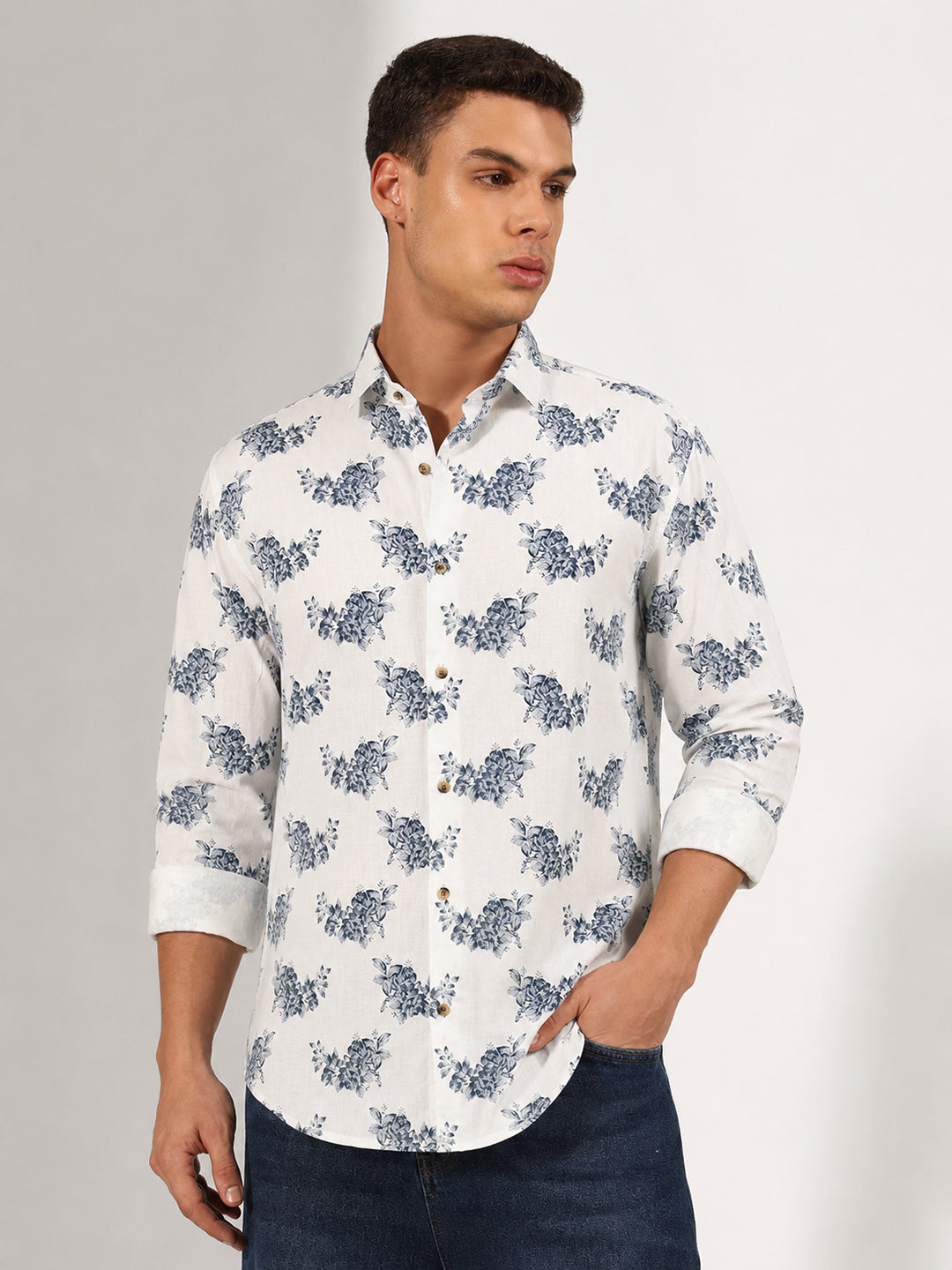 Men’s Floral Print White Slim Fit Long Sleeves Shirt