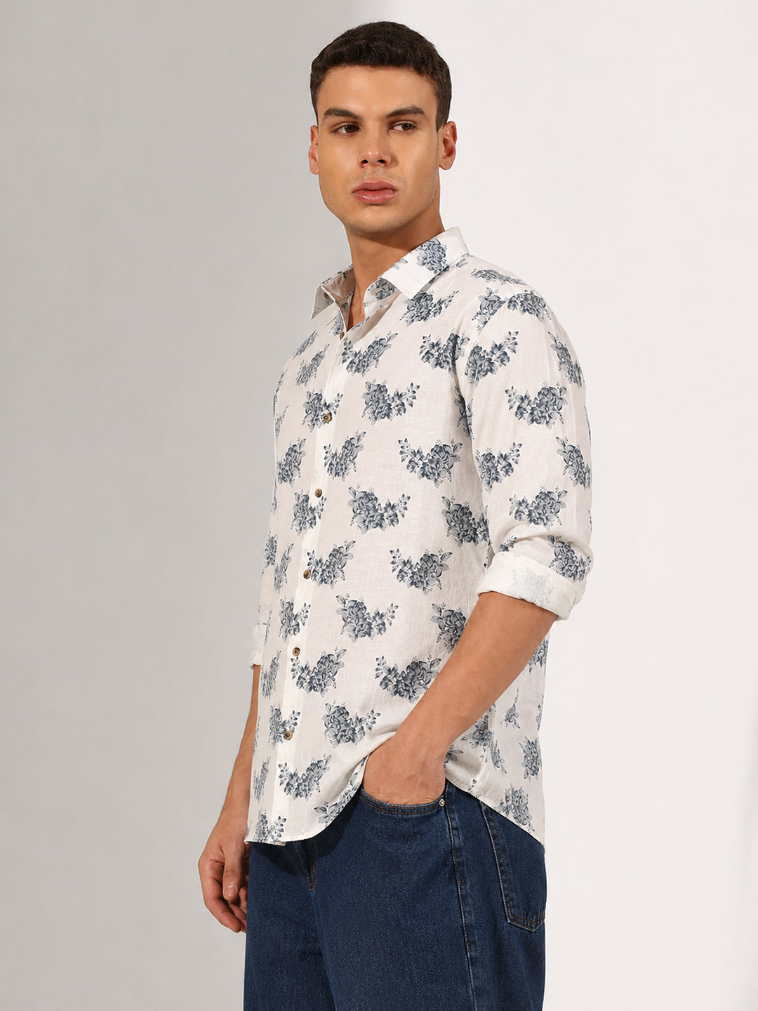 Men’s Floral Print White Slim Fit Long Sleeves Shirt