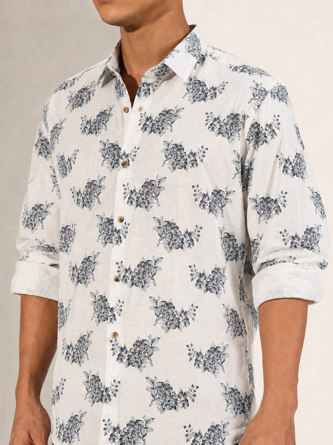 Men’s Floral Print White Slim Fit Long Sleeves Shirt