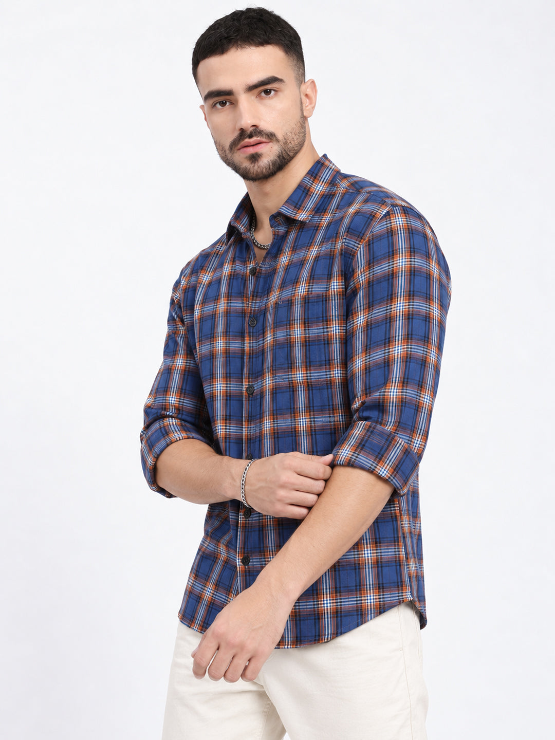 Men’s Checked Blue Slim Fit Long Sleeves Casual Shirt