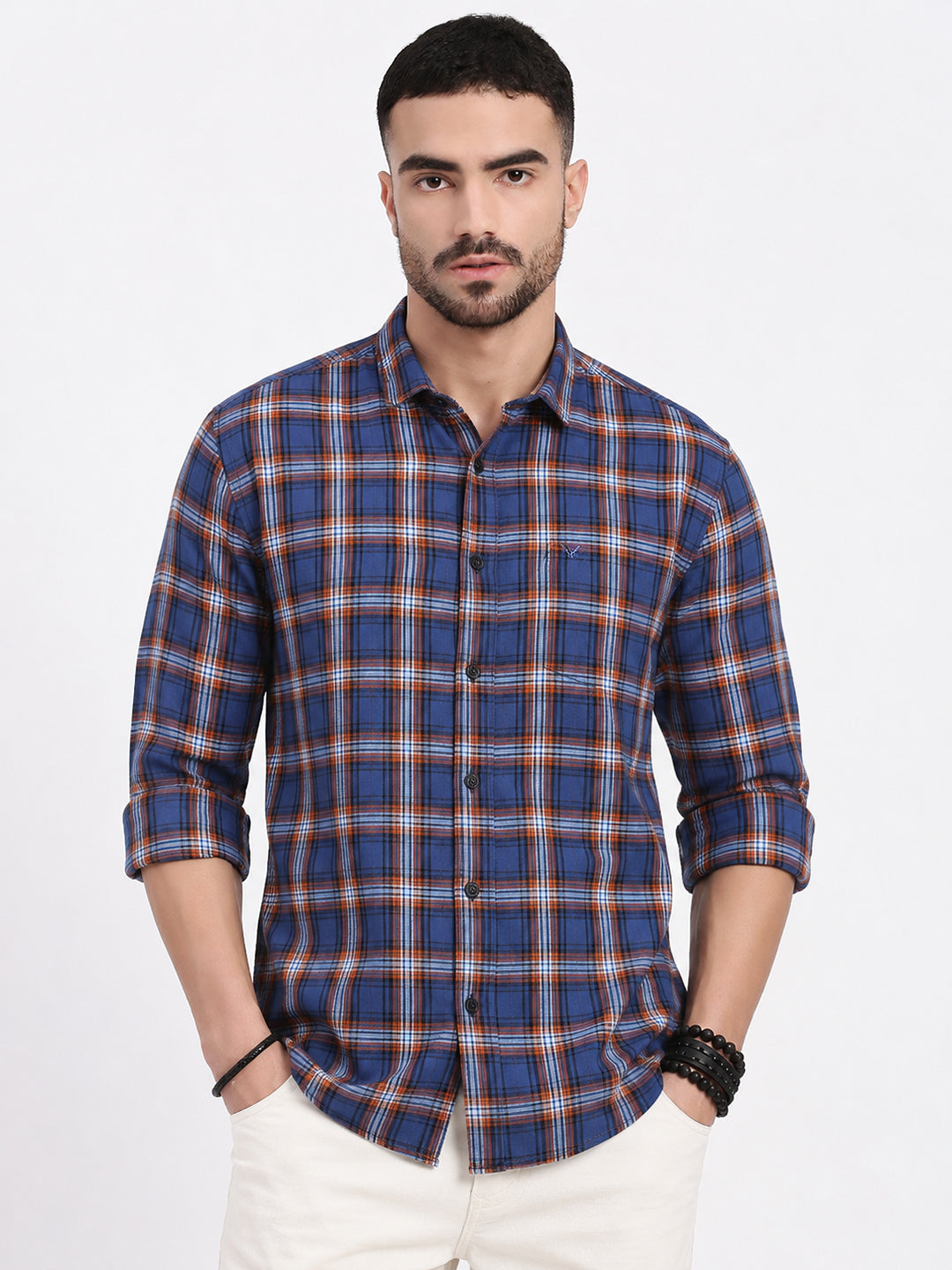Men’s Checked Blue Slim Fit Long Sleeves Casual Shirt