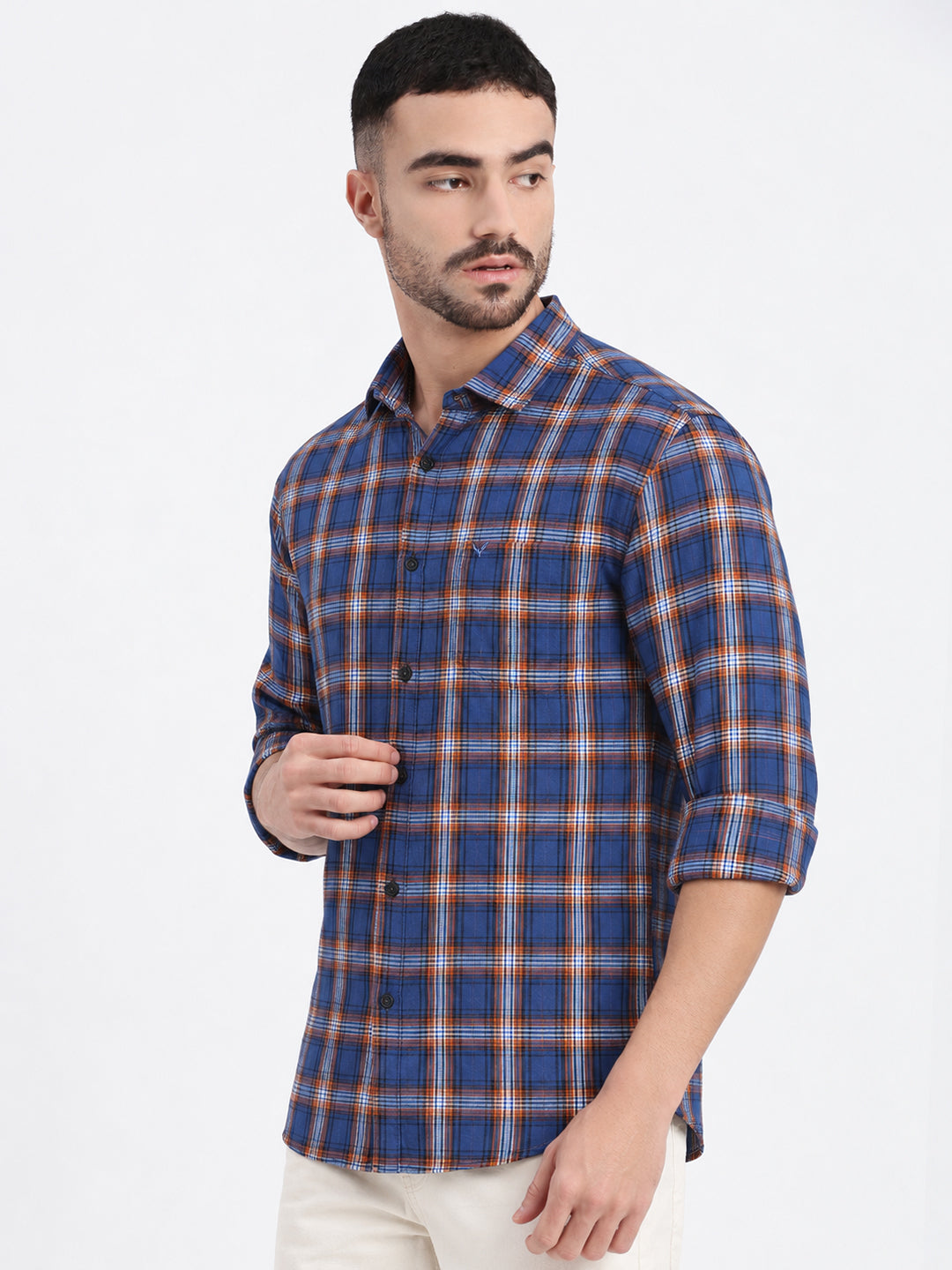 Men’s Checked Blue Slim Fit Long Sleeves Casual Shirt