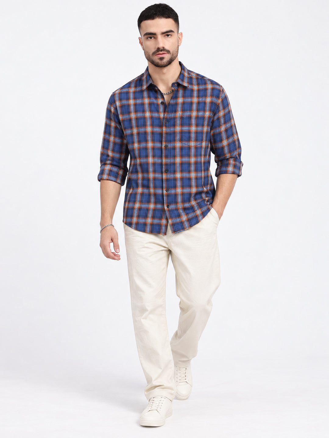 Men’s Checked Blue Slim Fit Long Sleeves Casual Shirt