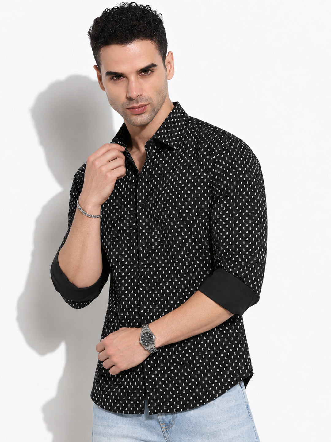 Men’s Micro Printed Black Slim Fit Long Sleeves Casual Shirt