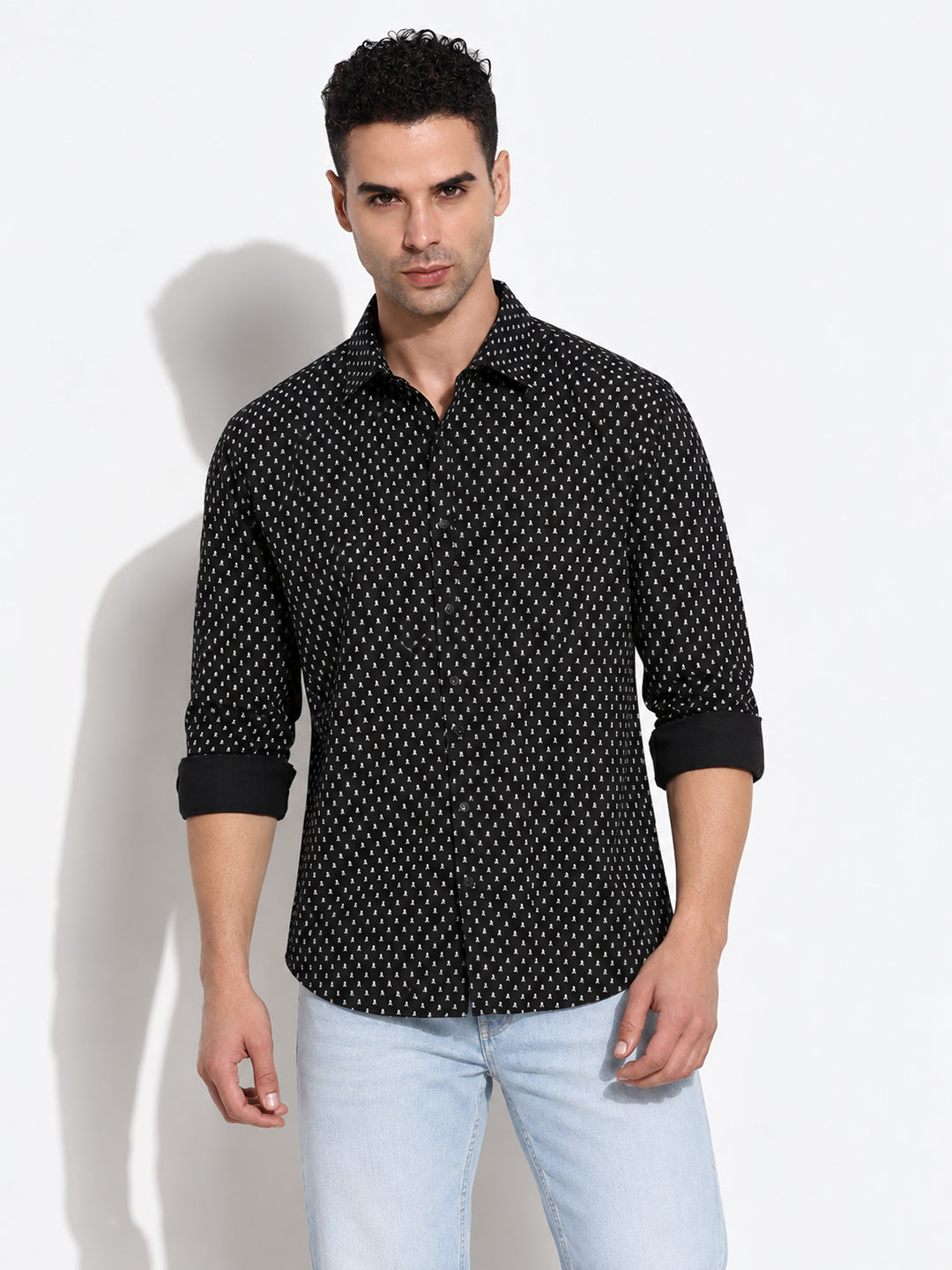 Men’s Micro Printed Black Slim Fit Long Sleeves Casual Shirt