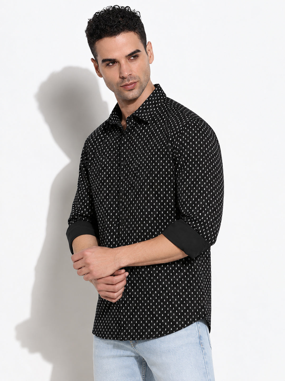 Men’s Micro Printed Black Slim Fit Long Sleeves Casual Shirt