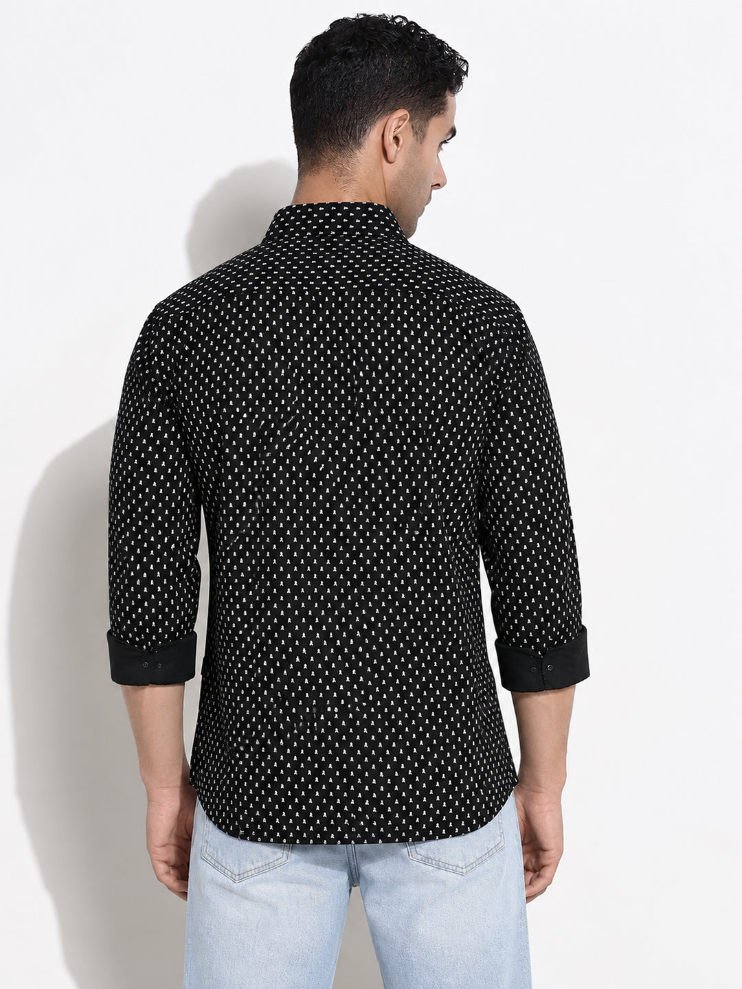 Men’s Micro Printed Black Slim Fit Long Sleeves Casual Shirt