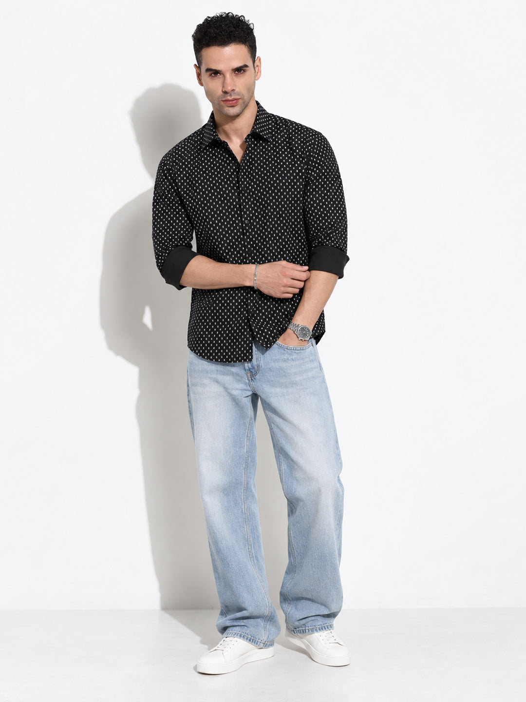 Men’s Micro Printed Black Slim Fit Long Sleeves Casual Shirt