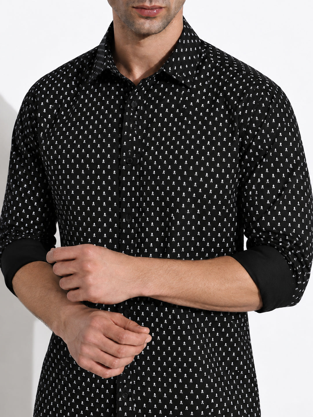 Men’s Micro Printed Black Slim Fit Long Sleeves Casual Shirt