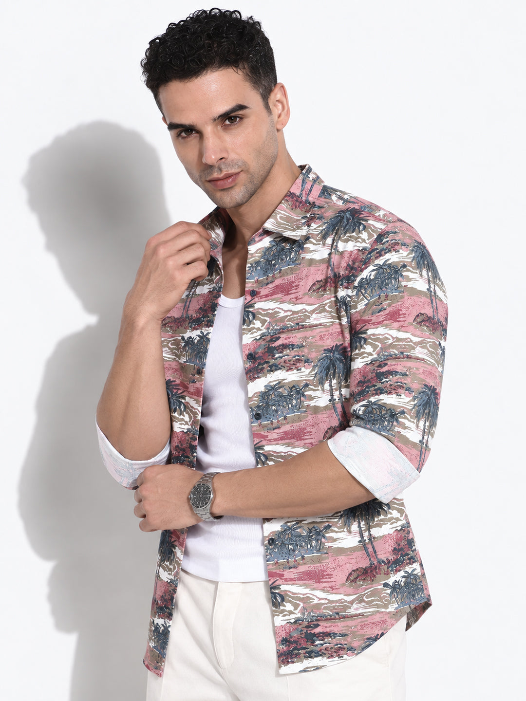 Men’s Tropical Printed Pink Slim Fit Long Sleeves Casual Shirt