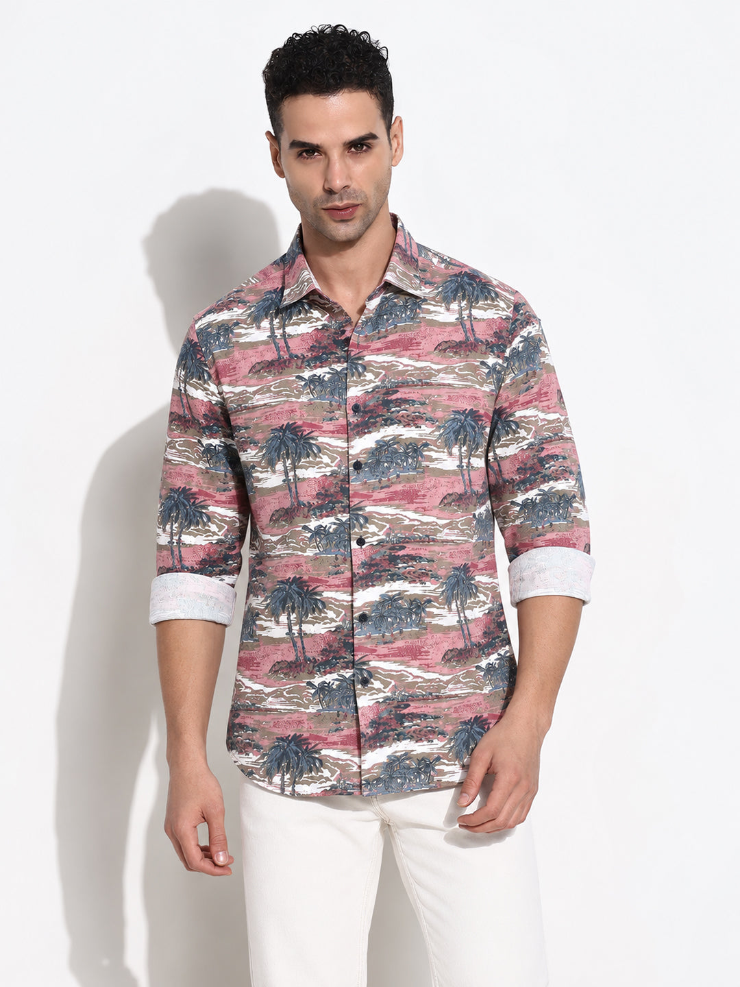 Men’s Tropical Printed Pink Slim Fit Long Sleeves Casual Shirt