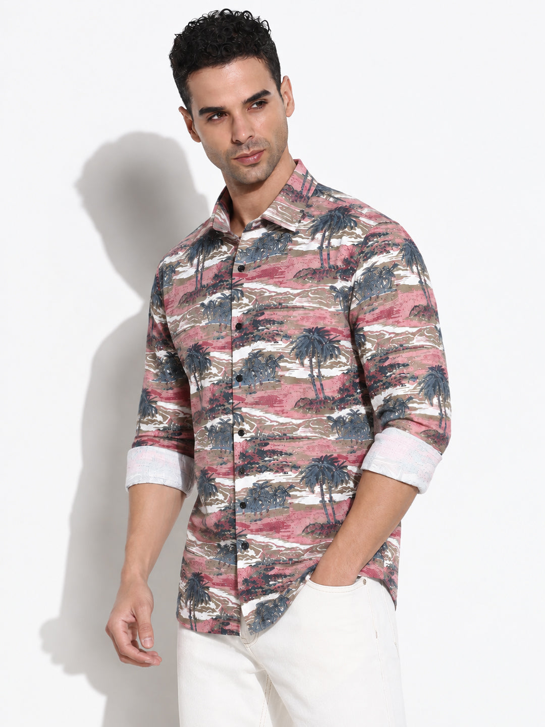 Men’s Tropical Printed Pink Slim Fit Long Sleeves Casual Shirt