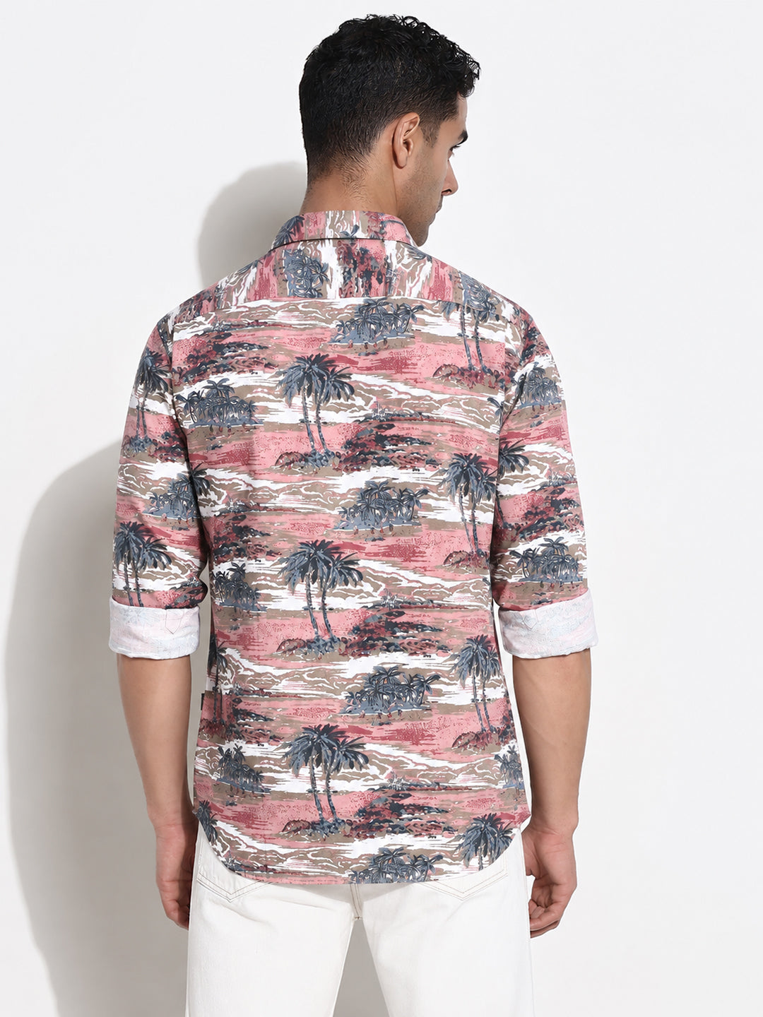 Men’s Tropical Printed Pink Slim Fit Long Sleeves Casual Shirt