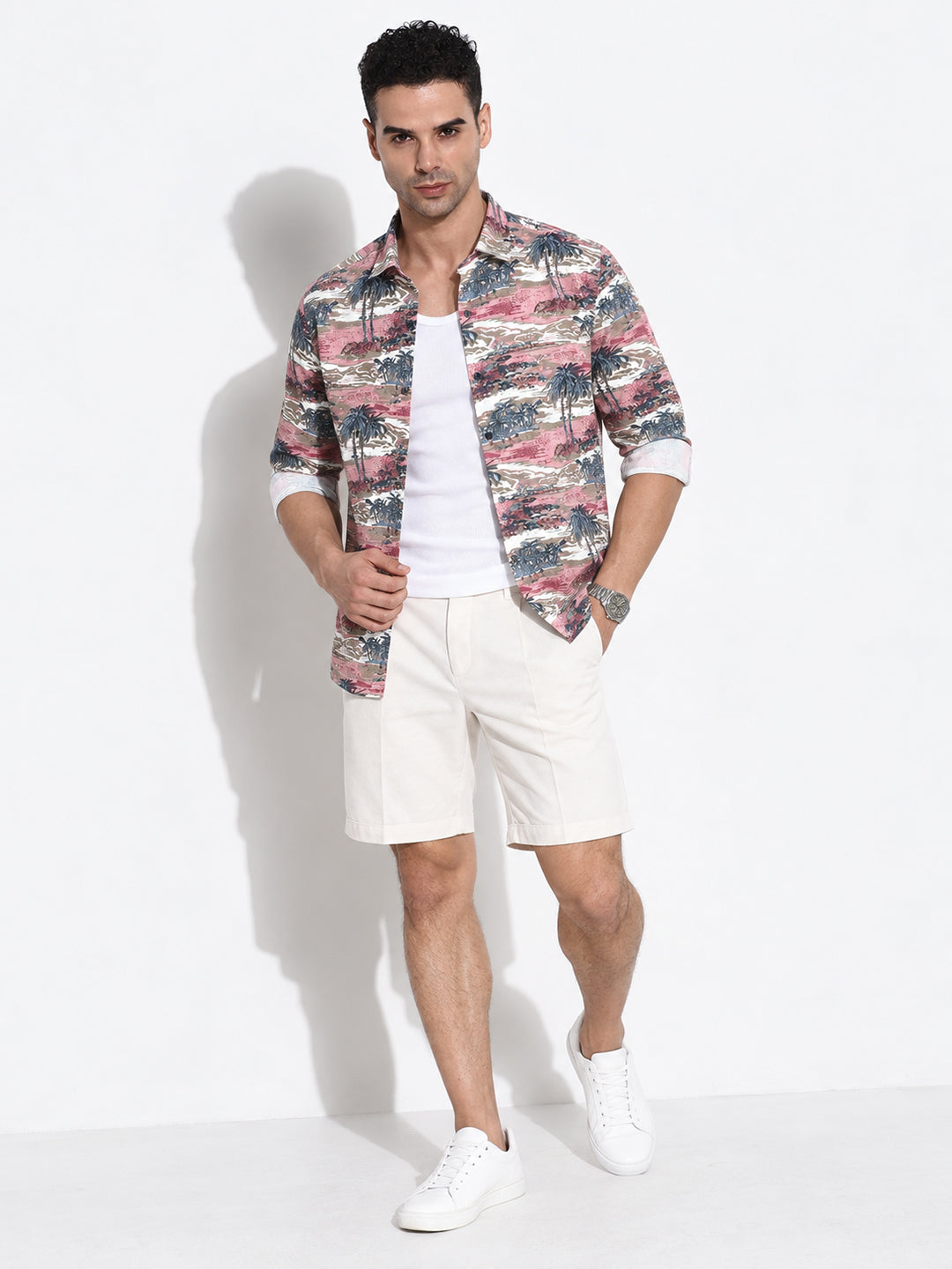 Men’s Tropical Printed Pink Slim Fit Long Sleeves Casual Shirt