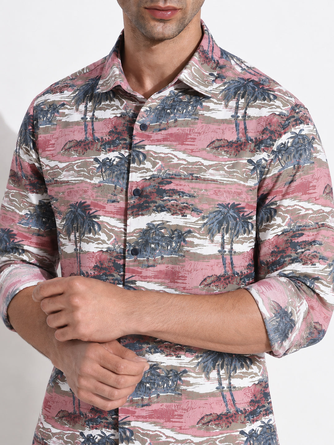 Men’s Tropical Printed Pink Slim Fit Long Sleeves Casual Shirt